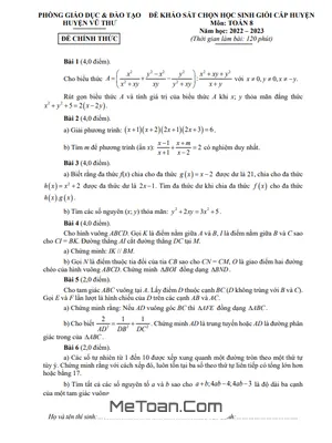 Đề thi học sinh giỏi Toán 8 năm 2022 - 2023 phòng GD&ĐT Vũ Thư - Thái Bình