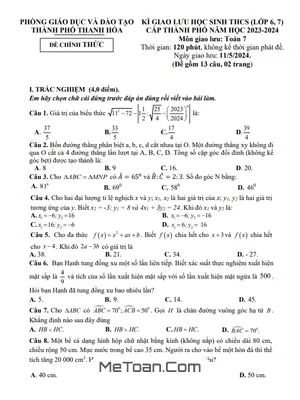 Đề giao lưu HSG Toán 7 năm 2023 - 2024 phòng GD&ĐT thành phố Thanh Hóa