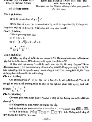 Đề thi Toán 9 cuối kì 2 năm 2020 - 2021 Sở GD&ĐT Đà Nẵng