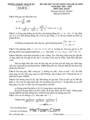 Đề thi thử Toán vào lớp 10 năm 2024 - 2025 phòng GD&ĐT Thạch Hà - Hà Tĩnh