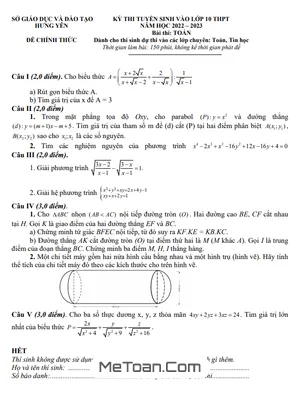 Đề Tuyển Sinh Lớp 10 Môn Toán (Chuyên) Năm 2022 - 2023 Sở GD&ĐT Hưng Yên