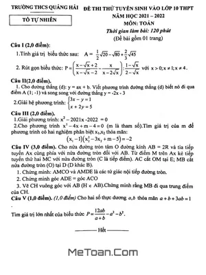 Đề thi thử Toán vào lớp 10 năm 2021 - 2022 trường THCS Quảng Hải - Quảng Bình