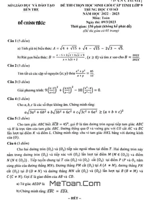 Đề thi HSG Toán 9 cấp Tỉnh Bến Tre năm 2022-2023