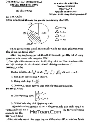Đề khảo sát Toán 9 đầu năm 2024 - 2025 trường THCS Dịch Vọng - Hà Nội