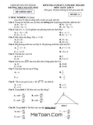 Đề Thi Cuối Kỳ 1 Toán 9 Năm 2024 - 2025 Trường THCS Nguyễn Trãi - Quảng Nam