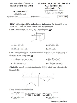 Đề thi cuối học kỳ 1 môn Toán 12 năm học 2025 - 2026 trường THPT Cao Lãnh – Đồng Tháp