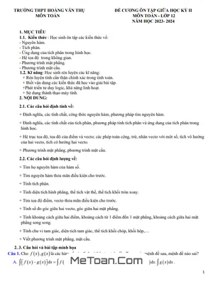 Đề Cương Ôn Tập Giữa Kỳ 2 Môn Toán Lớp 12 Năm 2023 - 2024 Trường THPT Hoàng Văn Thụ - Hà Nội