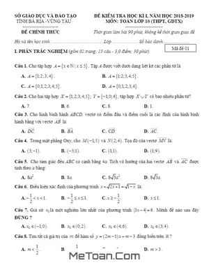 Đề thi học kỳ 1 Toán 10 năm học 2018 - 2019 sở GD&ĐT Bà Rịa - Vũng Tàu