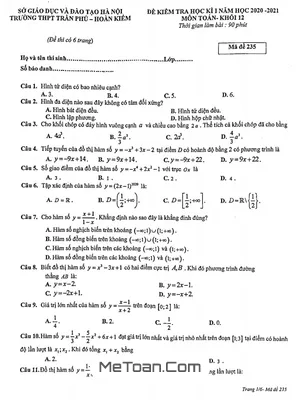 Đề thi HK1 Toán 12 năm 2020 - 2021 trường THPT Trần Phú - Hà Nội