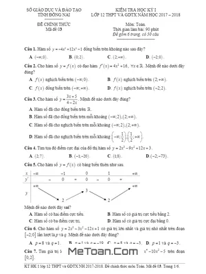 Đề thi HK1 Toán 12 THPT và GDTX năm học 2017 - 2018 sở GD&ĐT Đồng Nai