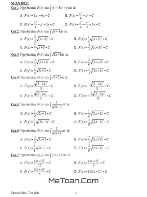 Bài Tập Trắc Nghiệm Nguyên Hàm, Tích Phân - Phạm Văn Sáu