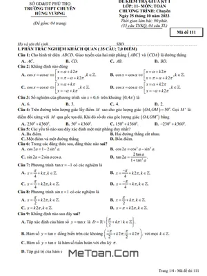 Đề thi giữa kỳ 1 Toán 11 chuyên năm 2023 - 2024 trường chuyên Hùng Vương - Phú Thọ