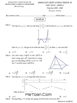 Đề KSCL Tháng 10 Toán 12 Năm 2019 - 2020 Trường M.V Lômônôxốp - Hà Nội