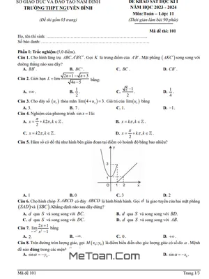 Đề học kì 1 Toán 11 năm 2023 - 2024 trường THPT Nguyễn Bính - Nam Định