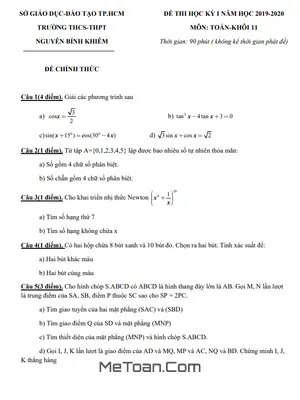 Đề thi HK1 Toán 11 năm 2019 - 2020 trường Nguyễn Bỉnh Khiêm - TP HCM