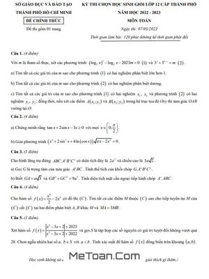 Đề thi học sinh giỏi Toán 12 năm 2022 - 2023 sở GD&ĐT TP Hồ Chí Minh