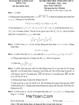 Đề thi chọn HSG Toán 12 chuyên năm học 2018 - 2019 sở GD&ĐT Đồng Nai