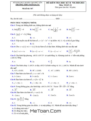 Đề thi học kỳ 2 Toán 11 năm 2020 - 2021 trường THPT Ngô Gia Tự - Phú Yên (có đáp án)