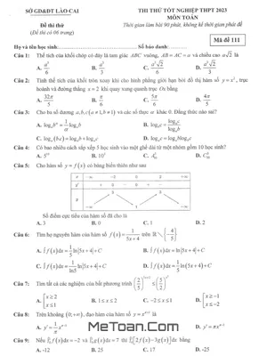 Đề thi thử tốt nghiệp THPT 2023 môn Toán sở GD&ĐT Lào Cai
