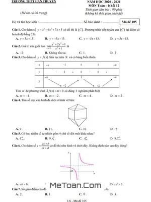 Đề thi thử tốt nghiệp THPT 2021 lần 1 môn Toán trường THPT Hàn Thuyên – Bắc Ninh