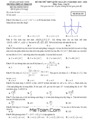 Đề thi thử Toán THPT Quốc gia 2020 lần 1 trường THPT Lý Thái Tổ – Bắc Ninh