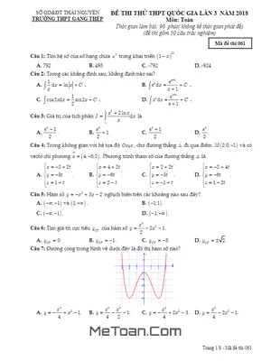 Đề Thi Thử Toán THPT Quốc Gia 2018 Trường THPT Gang Thép - Thái Nguyên Lần 3 Có Đáp Án