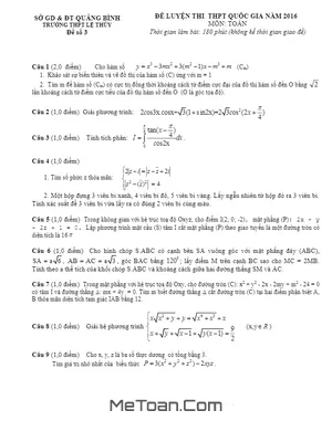 Đề thi thử THPT Quốc gia 2016 môn Toán trường THPT Lệ Thủy, Quảng Bình
