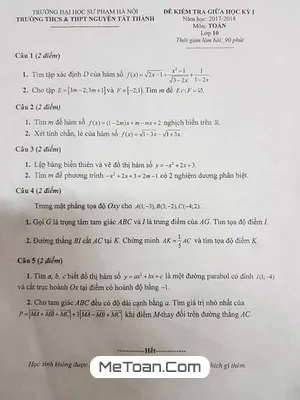 Đề thi giữa kì 1 môn Toán 10 năm học 2017-2018 trường THCS & THPT Nguyễn Tất Thành - Hà Nội