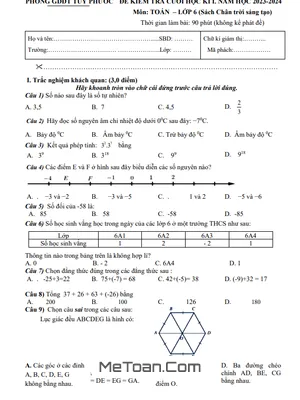 Đề thi cuối kì 1 Toán 6 Chân Trời Sáng Tạo năm 2023 - 2024 phòng GD&ĐT Tuy Phước