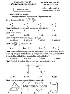 Đề thi học kì 1 Toán 7 năm 2023 - 2024 phòng GD&ĐT Tây Hồ - Hà Nội