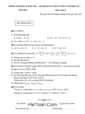 Đề thi học kỳ 1 môn Toán lớp 8 năm 2022 - 2023 phòng GD&ĐT Tiền Hải, Thái Bình