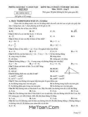 Đề thi HK1 Toán 9 năm 2023 - 2024 phòng GD&ĐT Điện Bàn - Quảng Nam