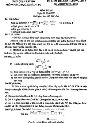 Đề kiểm tra chất lượng Toán 9 năm 2022 – 2023 phòng GD&ĐT Tây Hồ – Hà Nội