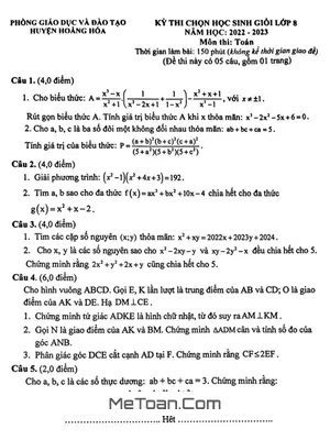 Đề thi học sinh giỏi Toán 8 năm 2022 - 2023 phòng GD&ĐT Hoằng Hóa, Thanh Hóa