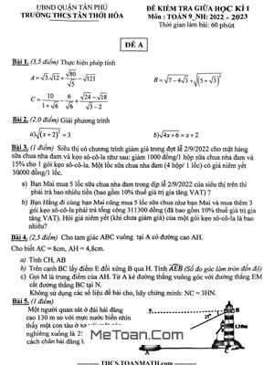 Đề thi giữa kì 1 Toán lớp 9 năm 2022 - 2023 trường THCS Tân Thới Hòa - TP HCM