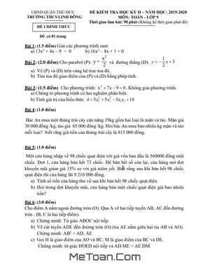 Đề thi học kì 2 Toán 9 năm 2019 - 2020 trường THCS Linh Đông - TP HCM