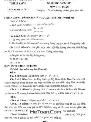 Đề thi tuyển sinh lớp 10 môn Toán năm 2022-2023 Sở GD&ĐT Trà Vinh