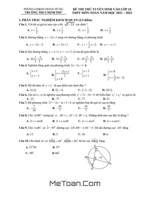 Đề thi thử Toán vào lớp 10 năm 2021 - 2022 trường THCS Minh Phú - Phú Thọ