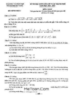 Đề thi học sinh giỏi Toán 9 năm 2022 - 2023 sở GD&ĐT thành phố Đà Nẵng