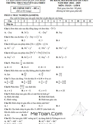 Đề Thi Giữa Kì 1 Toán 8 Năm 2024 - 2025 Trường THCS Nguyễn Gia Thiều - TP HCM