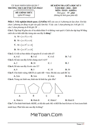 Đề giữa học kỳ 1 Toán 6 năm 2024 - 2025 trường THCS Huỳnh Tấn Phát - TP HCM