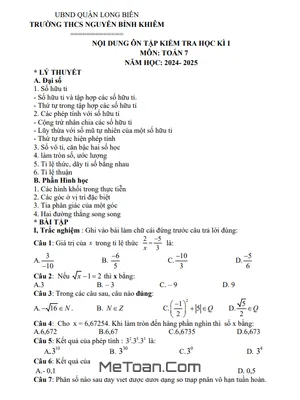 Đề Cương Ôn Tập Cuối Kì 1 Toán 7 Năm 2024 - 2025 Trường THCS Nguyễn Bỉnh Khiêm - Hà Nội