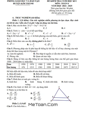 Đề Thi Cuối Kì 1 Toán 8 Năm 2024 - 2025 Phòng GD&ĐT Kim Thành - Hải Dương