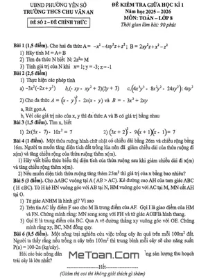 Đề thi Giữa Học Kì 1 Toán 8 năm 2025 – 2026 trường THCS Chu Văn An – Hà Nội