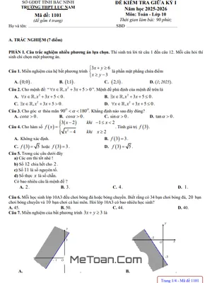 Đề thi giữa học kỳ 1 Toán 10 năm 2025 – 2026 trường THPT Lục Nam – Bắc Ninh