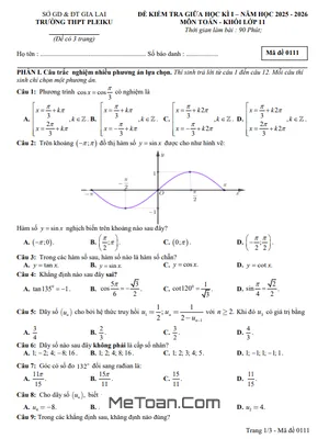Đề Thi Giữa Học Kì 1 Toán 11 Năm 2025 – 2026 Trường THPT Pleiku, Gia Lai (Có Đáp Án)