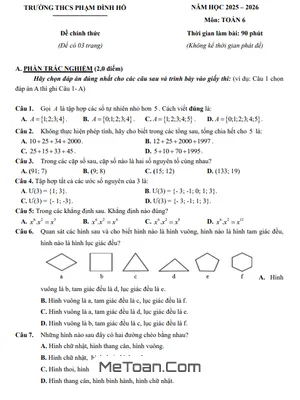 Đề Thi Cuối Kỳ 1 Môn Toán Lớp 6 Năm Học 2025 – 2026 Trường THCS Phạm Đình Hổ – TP. Hồ Chí Minh