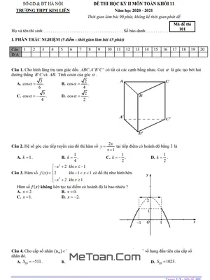 Đề thi học kỳ 2 Toán 11 năm 2020 - 2021 trường THPT Kim Liên - Hà Nội