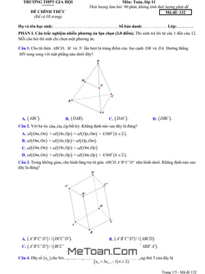 Tải Đề Thi Cuối Kì 1 Toán 11 Năm Học 2024 - 2025 Trường THPT Gia Hội, Huế (Có Đáp Án Chi Tiết)