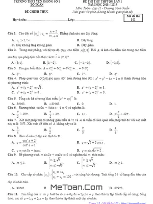 Đề thi thử Toán 11 THPTQG 2019 trường THPT Yên Phong 1 – Bắc Ninh lần 1 có đáp án
